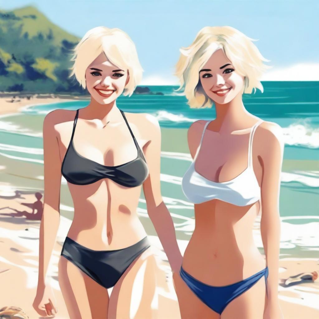 Two girls with short hair, one blonde and one with dark hair, are on the beach wearing bikinis