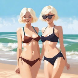 Two girls with short hair, one blonde and one with dark hair, are on the beach wearing bikinis