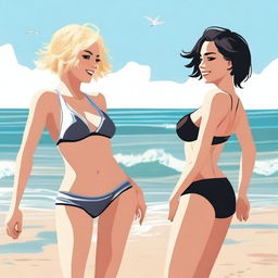 Two girls with short hair, one blonde and one with dark hair, are on the beach wearing bikinis