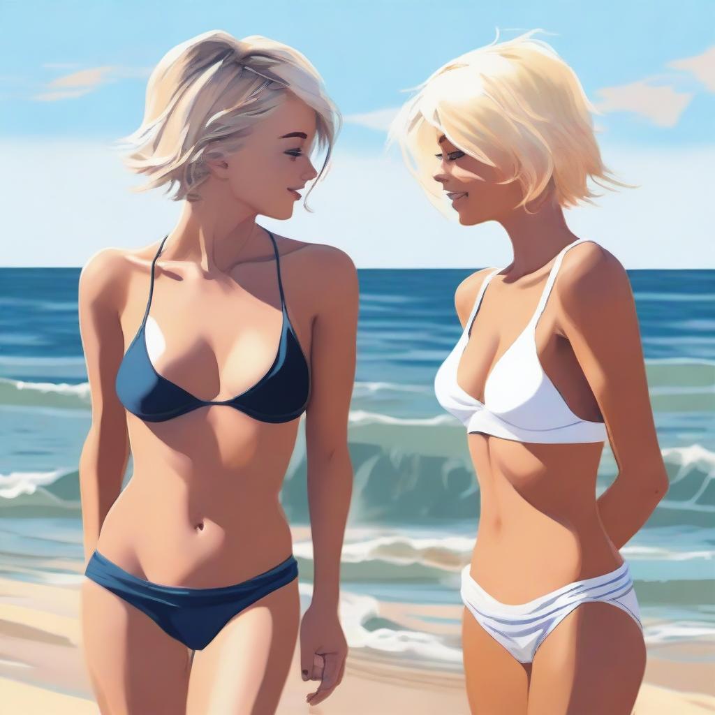 Two girls with short hair, one blonde and one with dark hair, are on the beach wearing bikinis