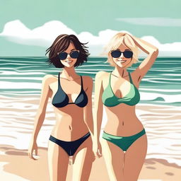 Two girls with short hair, one blonde and one with dark hair, are on the beach wearing bikinis