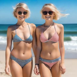 Two girls with short hair, both blonde, are on the beach wearing bikinis