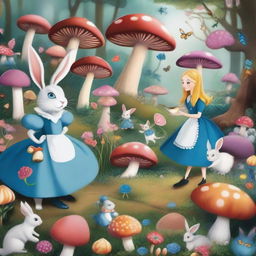 A whimsical scene from Alice in Wonderland, featuring Alice in a blue dress, surrounded by fantastical creatures like the Cheshire Cat, the White Rabbit, and the Mad Hatter, in a magical forest with oversized mushrooms and colorful flowers