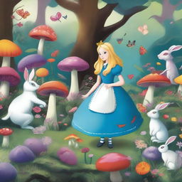 A whimsical scene from Alice in Wonderland, featuring Alice in a blue dress, surrounded by fantastical creatures like the Cheshire Cat, the White Rabbit, and the Mad Hatter, in a magical forest with oversized mushrooms and colorful flowers