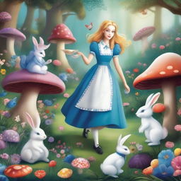 A whimsical scene from Alice in Wonderland, featuring Alice in a blue dress, surrounded by fantastical creatures like the Cheshire Cat, the White Rabbit, and the Mad Hatter, in a magical forest with oversized mushrooms and colorful flowers