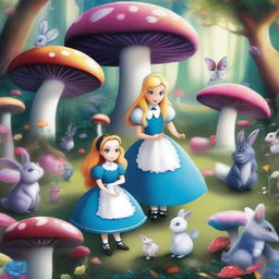 A whimsical scene from Alice in Wonderland, featuring Alice in a blue dress, surrounded by fantastical creatures like the Cheshire Cat, the White Rabbit, and the Mad Hatter, in a magical forest with oversized mushrooms and colorful flowers