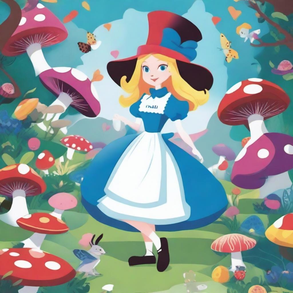 Alice in Wonderland title image, featuring Alice in the center with a big blue dress