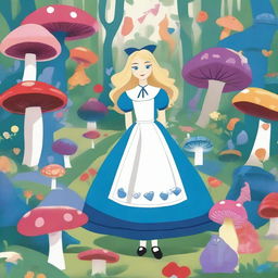 Alice in Wonderland title image, featuring Alice in the center with a big blue dress