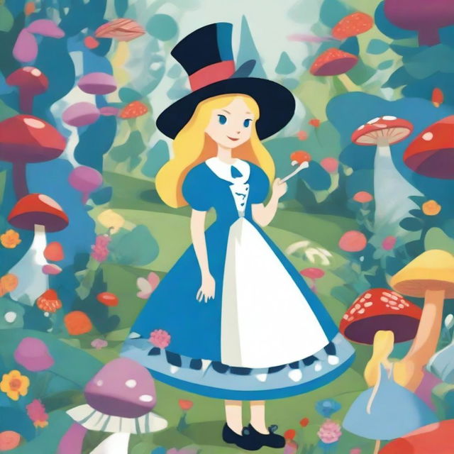 Alice in Wonderland title image, featuring Alice in the center with a big blue dress