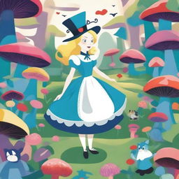 Alice in Wonderland title image, featuring Alice in the center with a big blue dress