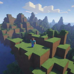 A distant view of a pixelated Minecraft landscape with a Minecraft character skin, eyes wide in surprise, standing prominently but fittingly within this blocky and captivating world.