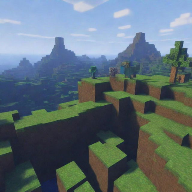 A distant view of a pixelated Minecraft landscape with a Minecraft character skin, eyes wide in surprise, standing prominently but fittingly within this blocky and captivating world.