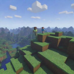 A distant view of a pixelated Minecraft landscape with a Minecraft character skin, eyes wide in surprise, standing prominently but fittingly within this blocky and captivating world.