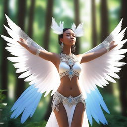 A white feathered Arakocra woman standing gracefully with her wings slightly spread