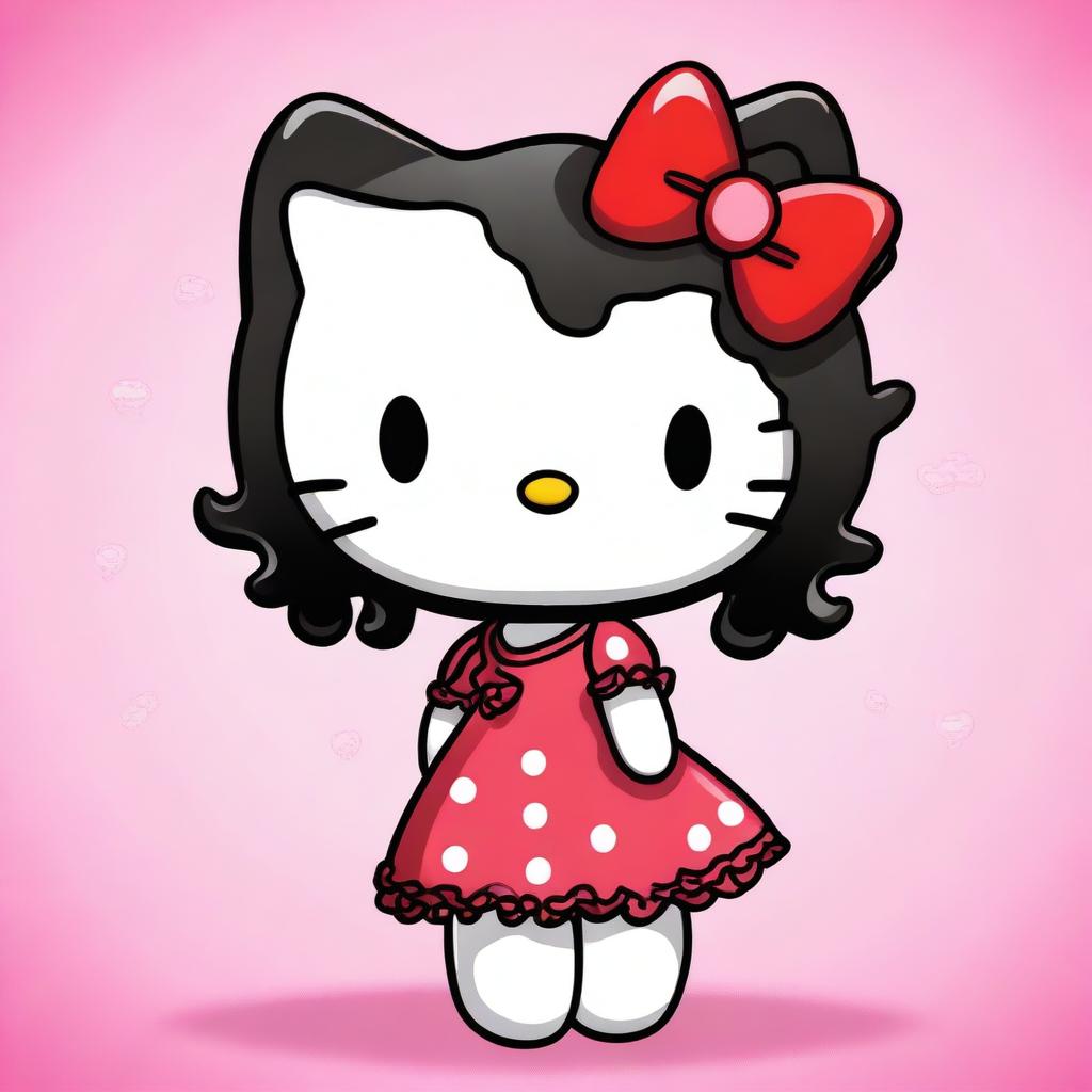 A high quality digital art piece of Hello Kitty with short, curly, black hair