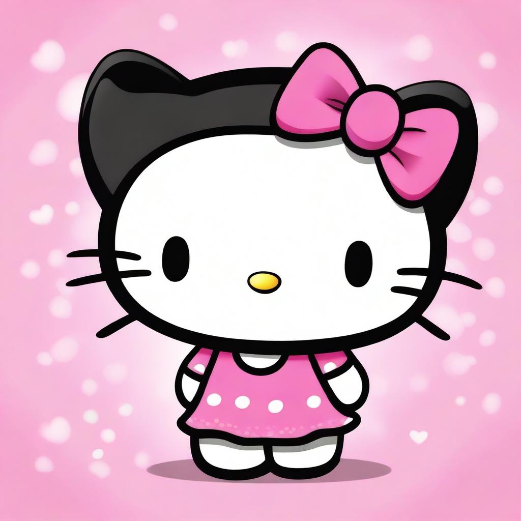 A high quality digital art piece of Hello Kitty with short, curly, black hair