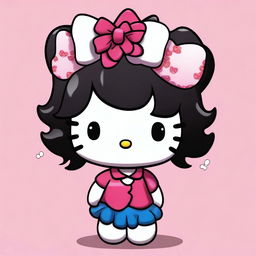 A high quality digital art piece of Hello Kitty with short, curly, black hair