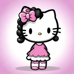 A high quality digital art piece of Hello Kitty with short, curly, black hair