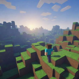 A distant view of a pixelated Minecraft landscape with a Minecraft character skin, eyes wide in surprise, standing prominently but fittingly within this blocky and captivating world.