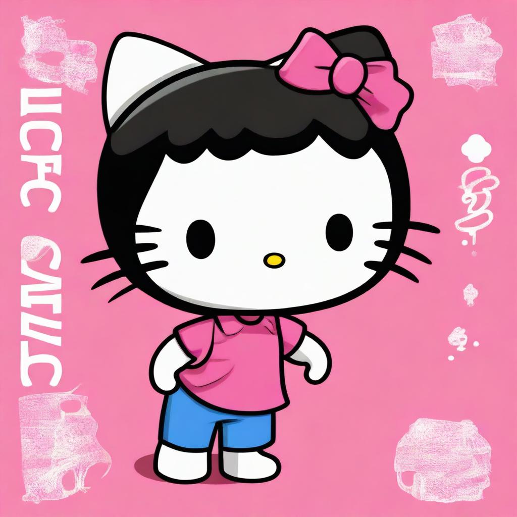 A high quality digital art piece of Hello Kitty as a male character with very short, curly, black hair and a taper