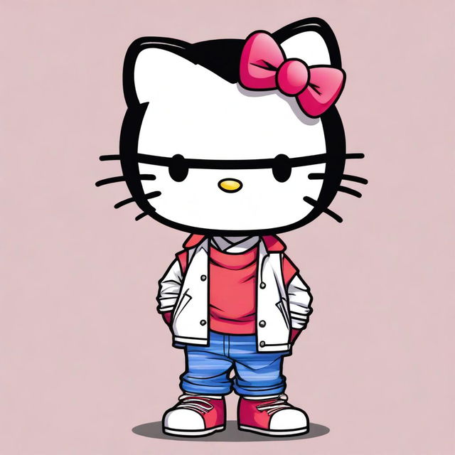 A high quality digital art piece of Hello Kitty as a male character with very short, curly, black hair and a taper