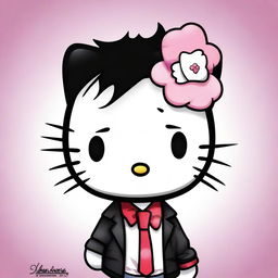 A high quality digital art piece of Hello Kitty as a male character with very short, curly, black hair and a taper