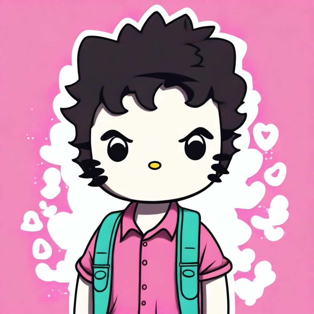 A high quality digital art piece of Hello Kitty as a male character with short, curly black hair and a taper