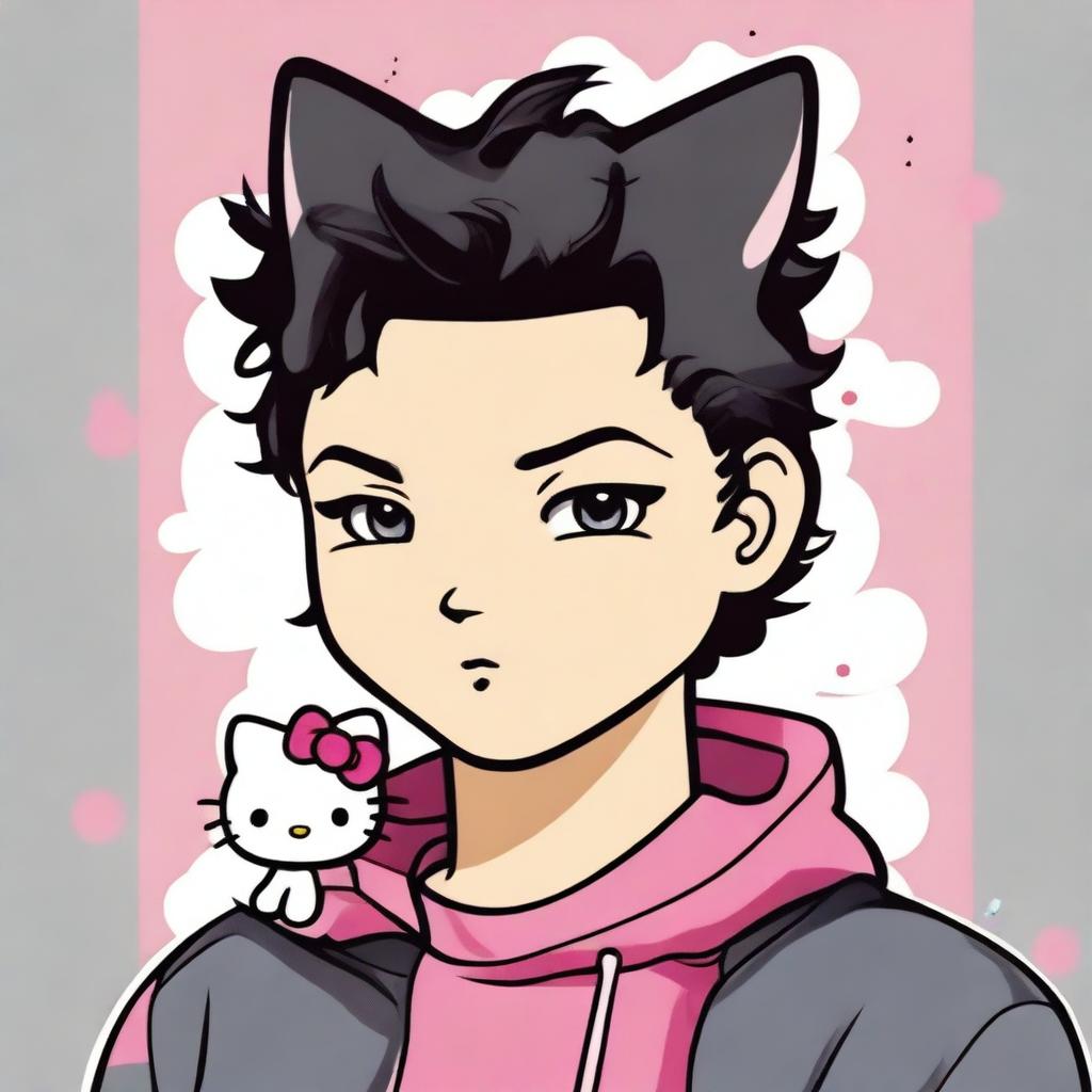 A high quality digital art piece of Hello Kitty as a male character with short, curly black hair and a taper