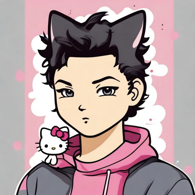 A high quality digital art piece of Hello Kitty as a male character with short, curly black hair and a taper