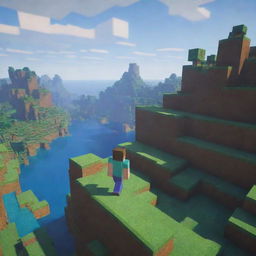 A distant view of a vibrant Minecraft landscape with a small, pixelated Minecraft character, facial expression of surprise clearly visible, standing as a curious explorer within this blocky, immersive world.