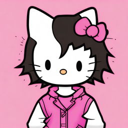 A high quality digital art piece of Hello Kitty as a male character with short, curly black hair and a taper