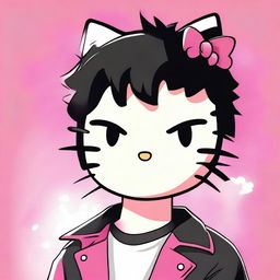 A high quality digital art piece of Hello Kitty as a male character with short, curly black hair and a taper