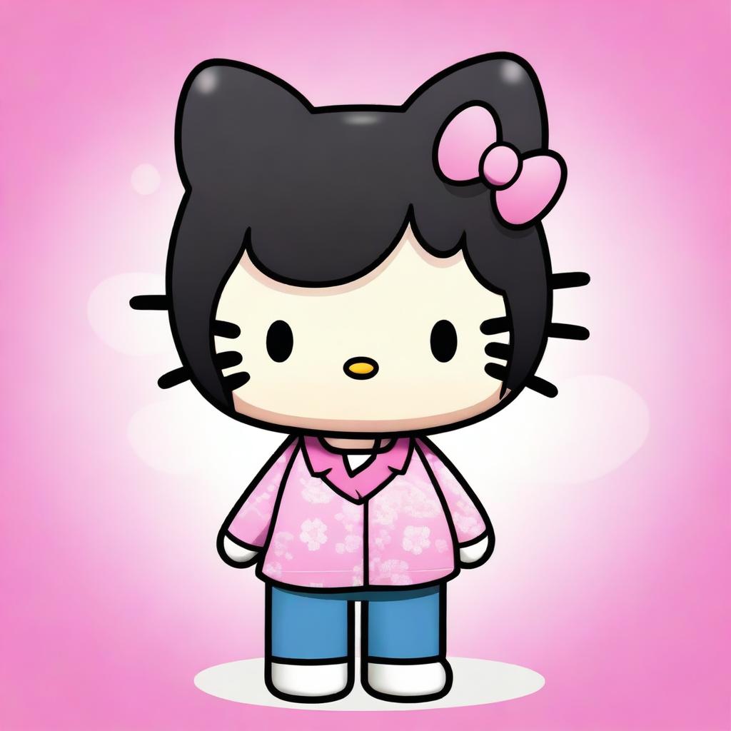 A high quality digital art of a male Hello Kitty character with curly and short black hair