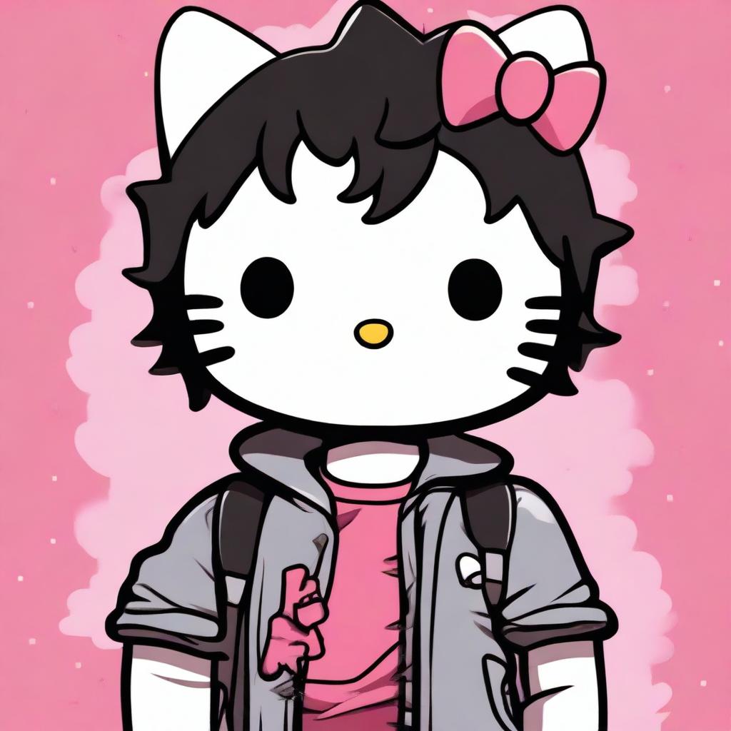 A high quality digital art piece of Hello Kitty as a male character with short, curly black hair