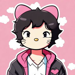 A high quality digital art piece of Hello Kitty as a male character with short, curly black hair