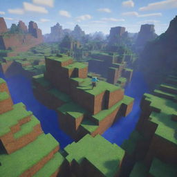 A distant view of a vibrant Minecraft landscape with a small, pixelated Minecraft character, facial expression of surprise clearly visible, standing as a curious explorer within this blocky, immersive world.