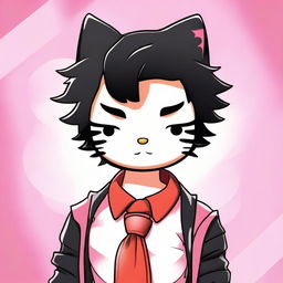 A high-quality digital art piece of Hello Kitty as a male character with short, curly black hair