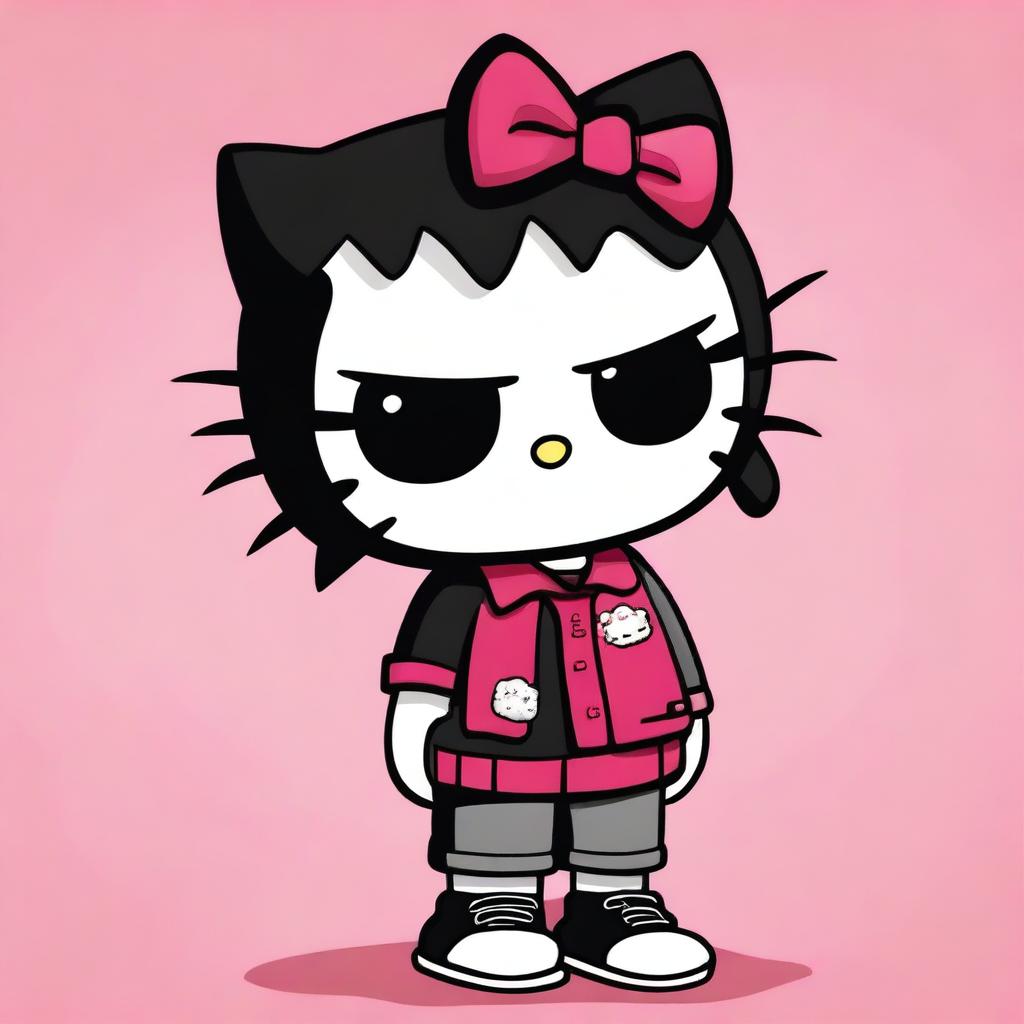 A high-quality digital art piece of Hello Kitty as a male character with short, curly black hair