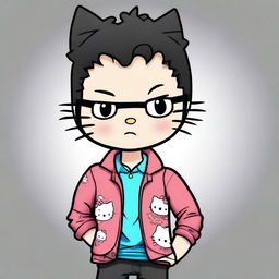 A high-quality digital art piece of Hello Kitty as a male character with short, curly black hair