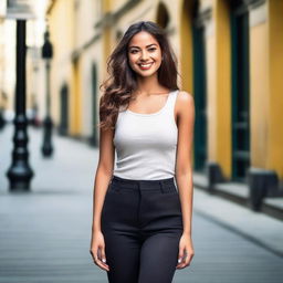 A beautiful young woman with a confident and alluring look, dressed in fashionable attire, standing in a stylish urban setting