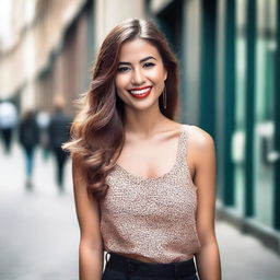 A beautiful young woman with a confident and alluring look, dressed in fashionable attire, standing in a stylish urban setting