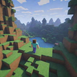 A distant view of a vibrant Minecraft landscape with a small, pixelated Minecraft character, facial expression of surprise clearly visible, standing as a curious explorer within this blocky, immersive world.