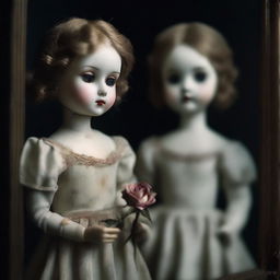 A broken porcelain doll, with visible cracks and missing pieces, holding a delicate rose in her hand