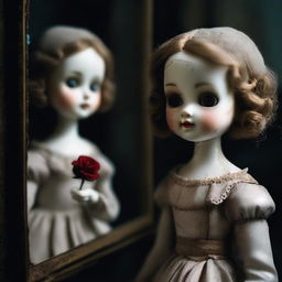 A broken porcelain doll, with visible cracks and missing pieces, holding a delicate rose in her hand