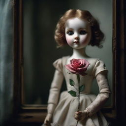 A broken porcelain doll, with visible cracks and missing pieces, holding a delicate rose in her hand