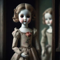 A broken porcelain doll, with visible cracks and missing pieces, holding a delicate rose in her hand