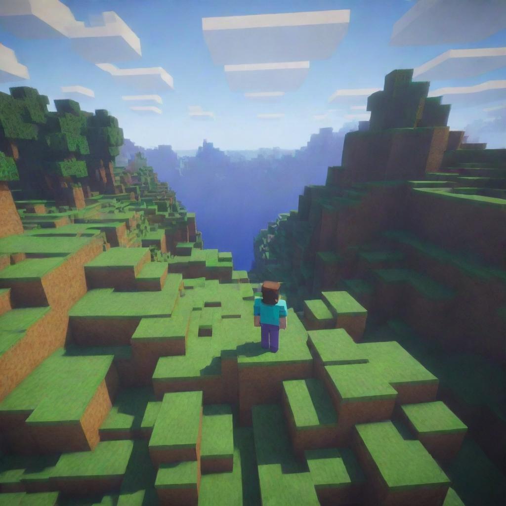 A distant view of a vibrant Minecraft landscape with a small, pixelated Minecraft character, facial expression of surprise clearly visible, standing as a curious explorer within this blocky, immersive world.