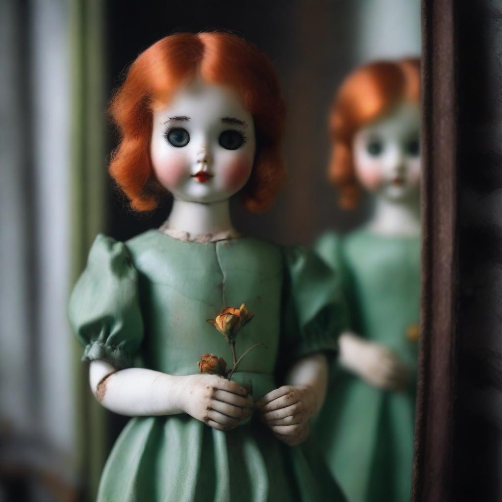 A broken porcelain doll, with a green dress and orange hair, holding a rose in her hand