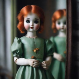 A broken porcelain doll, with a green dress and orange hair, holding a rose in her hand