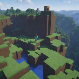 An immersive Minecraft landscape with a pixelated character, face mirroring surprise, slightly closer to the forefront, standing as a colorful key point of interest within this captivating blocky world.